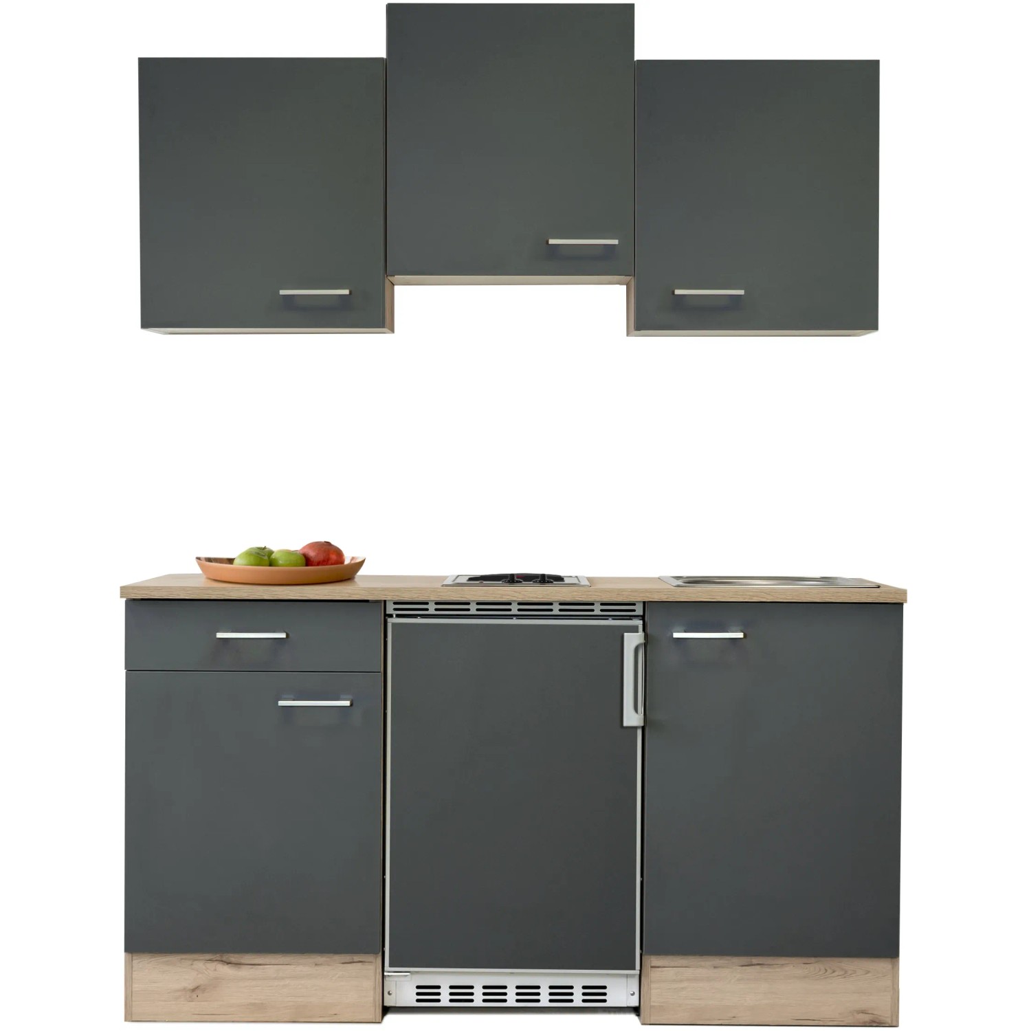 Flex-Well Singleküche Morena, 150 cm, Basaltgrau/San Remo Eiche, mit Kühlschrank und Kochfeld.