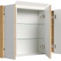 Posseik Spiegelschrank 90 cm Eiche Gold mit LED-Lampe und Glasböden, offene Türen.