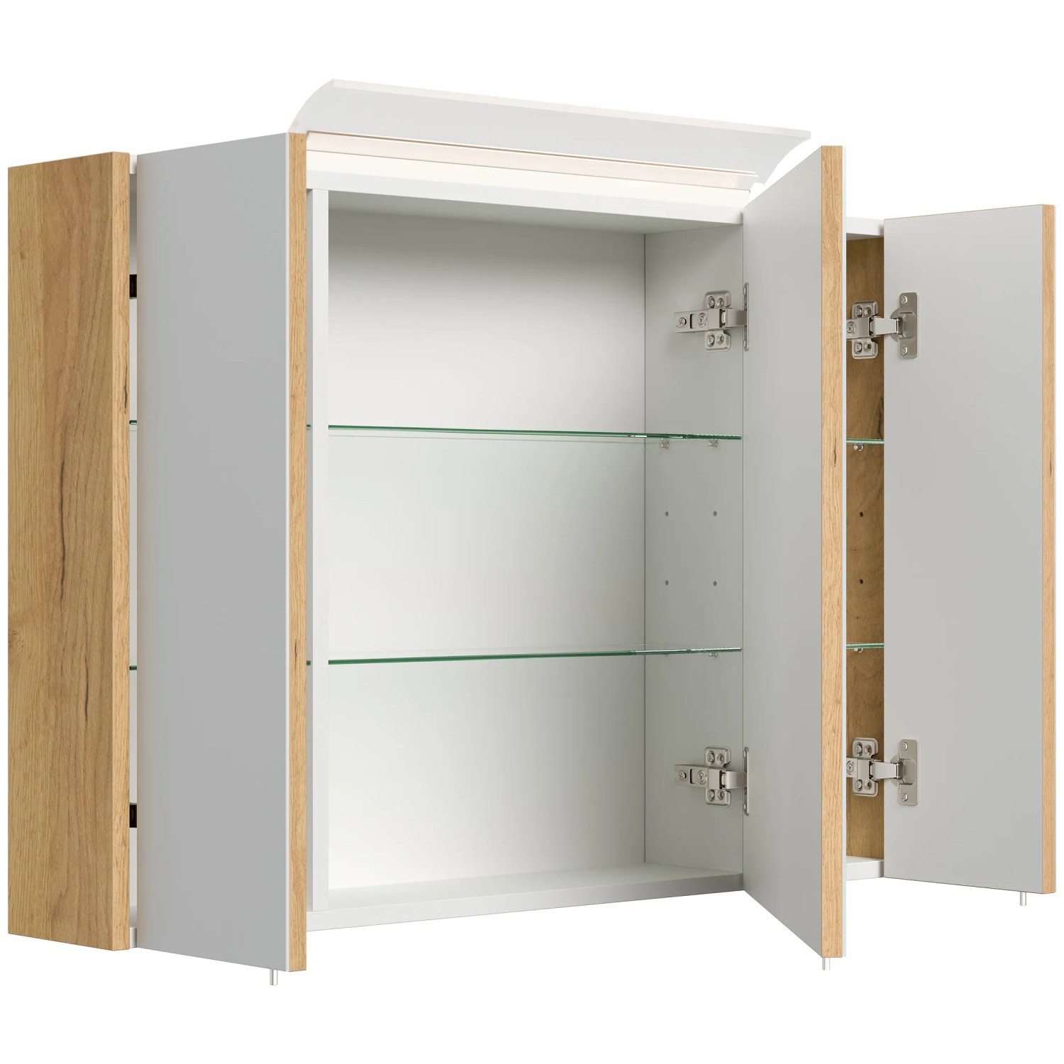 Posseik Spiegelschrank 90 cm Eiche Gold mit LED-Lampe und Glasböden, offene Türen.