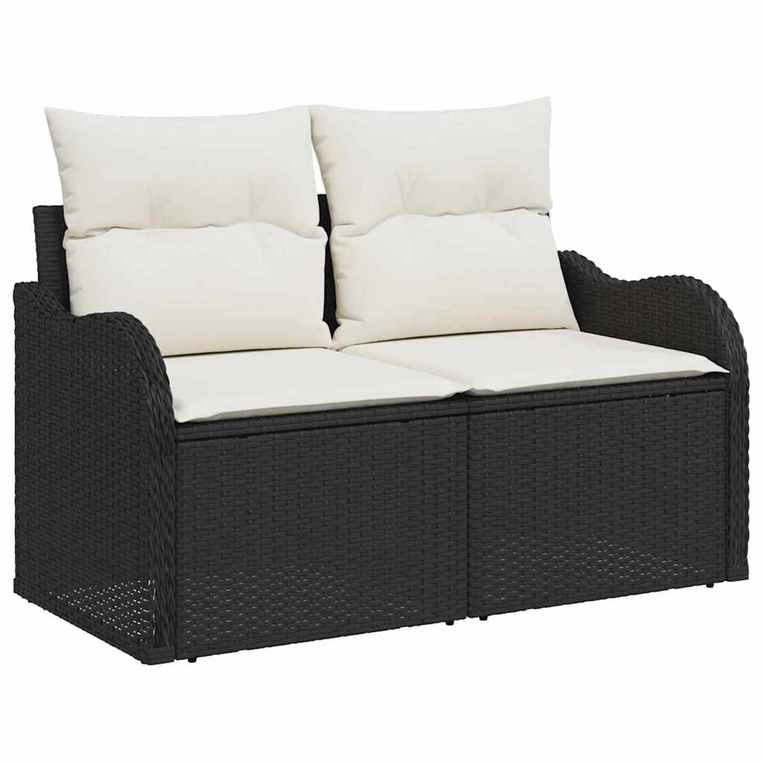 Schwarzes 4-teiliges Garten-Sofa-Set aus Rattan mit cremefarbenen Kissen.