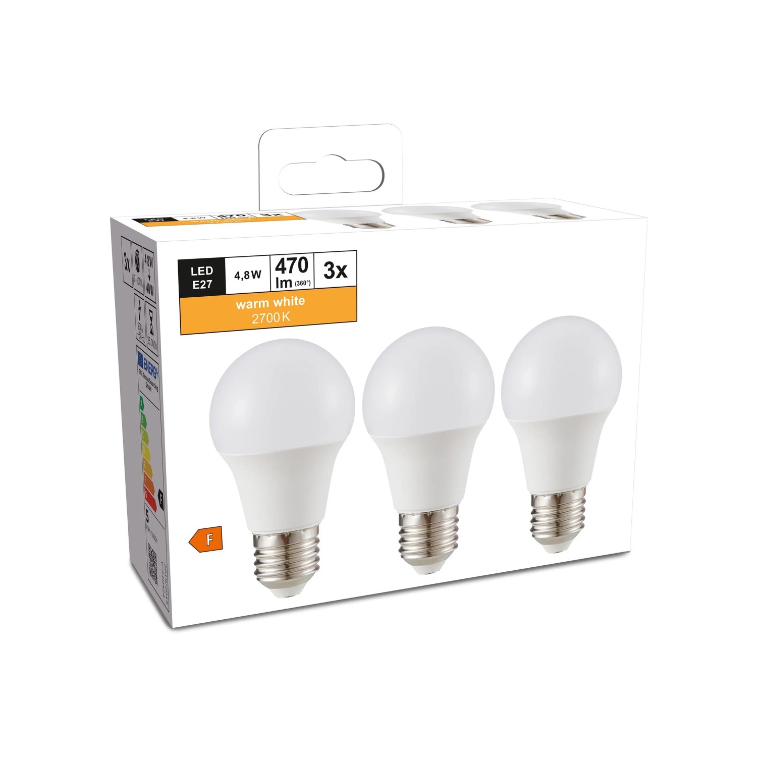 3er Set E27 LED Leuchtmittel in Glühlampenform, 4,8W, 2700K, 470 Lumen.