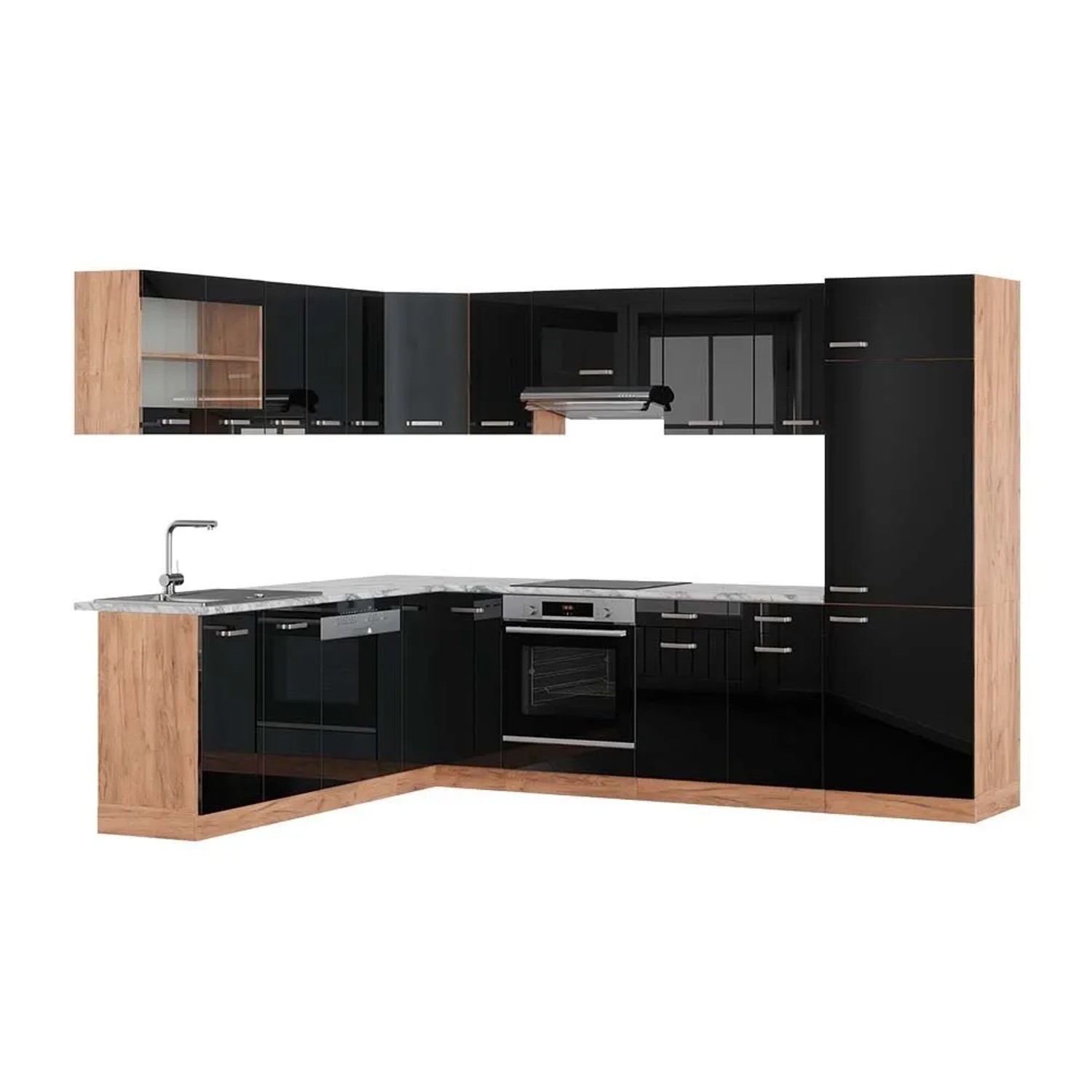 Vicco Eckküche R-Line Schwarz Hochglanz/Goldkraft Eiche 287 x 82, AP Marmor