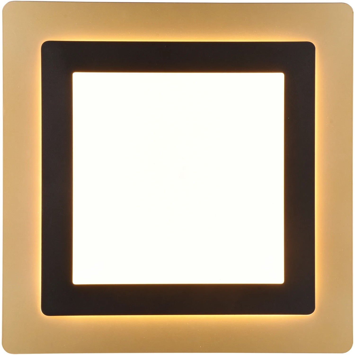 Quadratische LED Deckenleuchte Morgan in Schwarz-Gold, dimmbar mit Fernbedienung.