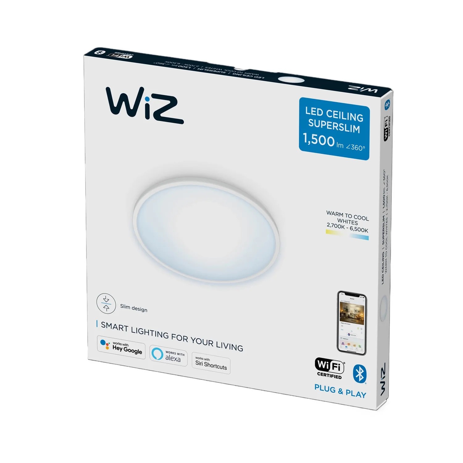 Verpackung der WiZ LED-Deckenleuchte SuperSlim, tunable white, 1500 lm, Ø 29,2 cm.