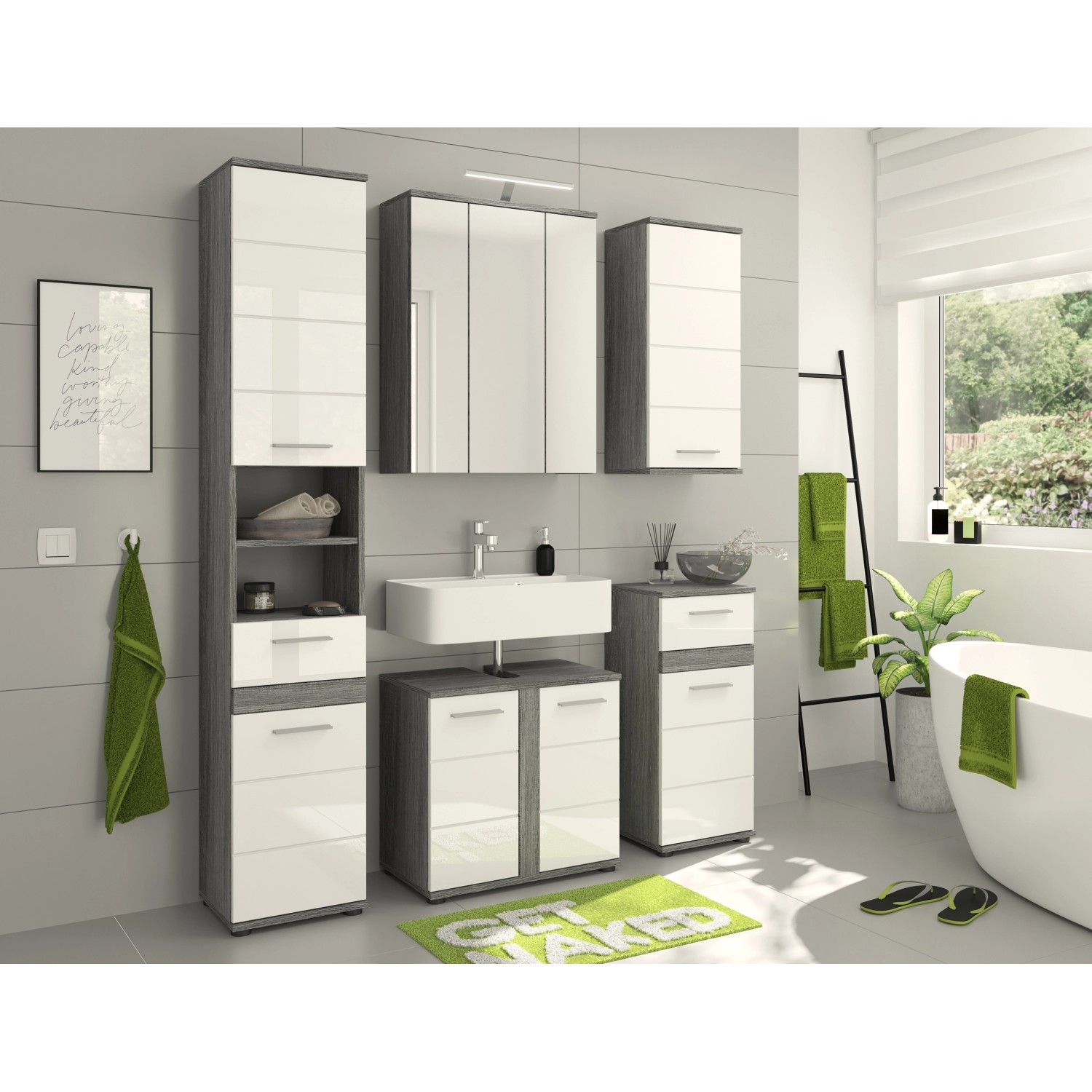 Modernes Badezimmer-Set mit Hängeschränken Blake in Rauchsilber und Weiß. Badmöbel zur Wandmontage.