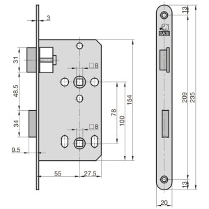 Technische Zeichnung: BASI Zimmertürschloss ES 929 BAD DIN Rechts, Maße und Details für Montage.