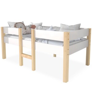 okwish Kinderbett 90x200 cm mit Rausfallschutz und Leiter, Kiefer massiv, weiß/natur