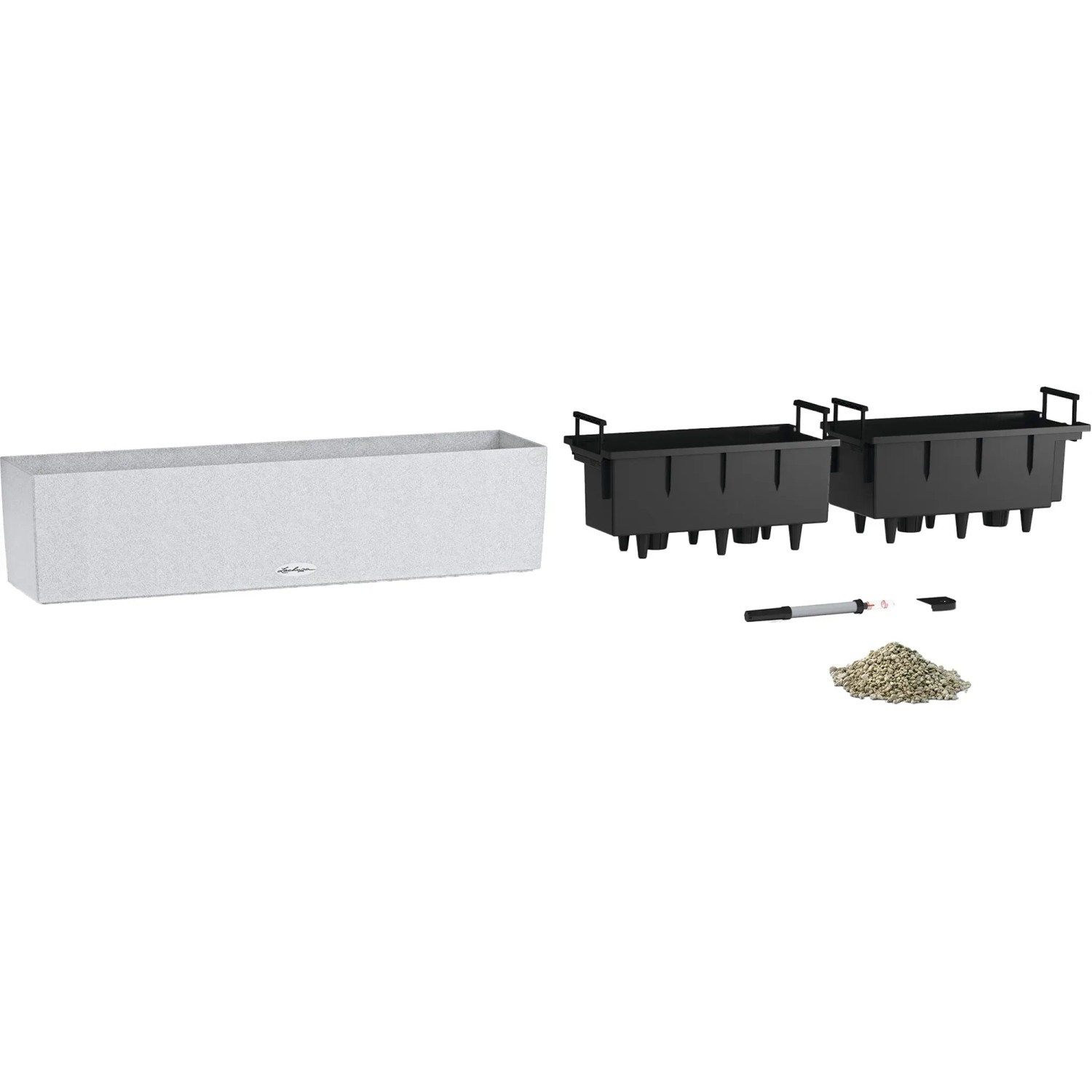 Lechuza Balconera Stone 80, quarzweißer Blumenkasten mit Bewässerungssystem und Pflanzeinsätzen.