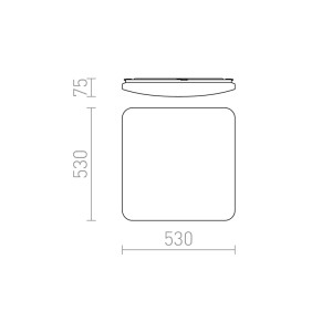 Technische Zeichnung der Rendl Deckenleuchte Sempre Sq 53 Sensor. Quadratische LED-Leuchte mit Maßen 530x530x75 mm, Draufsicht und Seitenansicht.