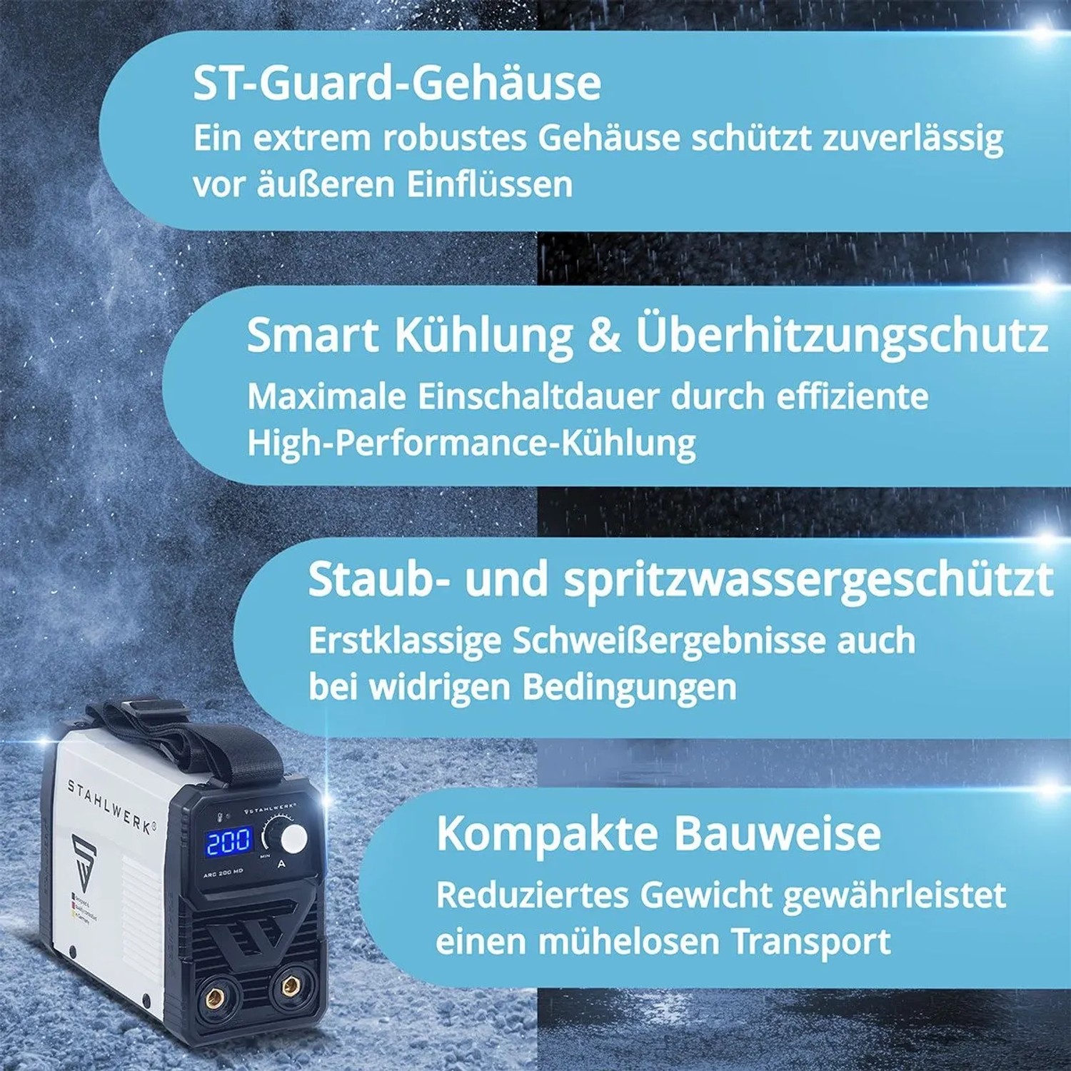 STAHLWERK Schweißgerät ARC 200 MD: Kompaktes Inverter-Schweißgerät mit Zubehör.