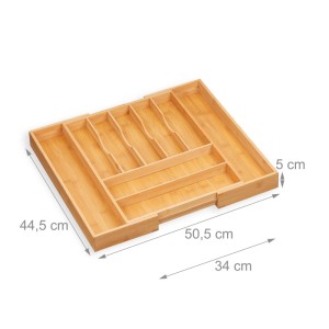 Ausziehbarer Besteckkasten aus Bambus in Naturfarbe mit variabler Breite für Schubladen. Viele Fächer für Besteck & Utensilien.
