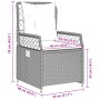 Skizze Gartenstuhl: Hellgrauer Poly Rattan Sessel mit Kissen, Maße eingezeichnet.