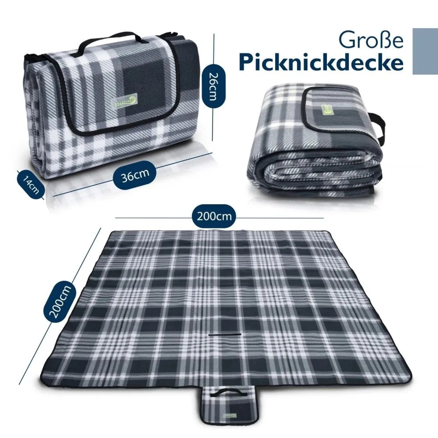 Anthrazit karierte Picknickdecke 200x200cm, wasserdicht & isoliert, gefaltet mit Tragegriff. Ideal für Outdoor.