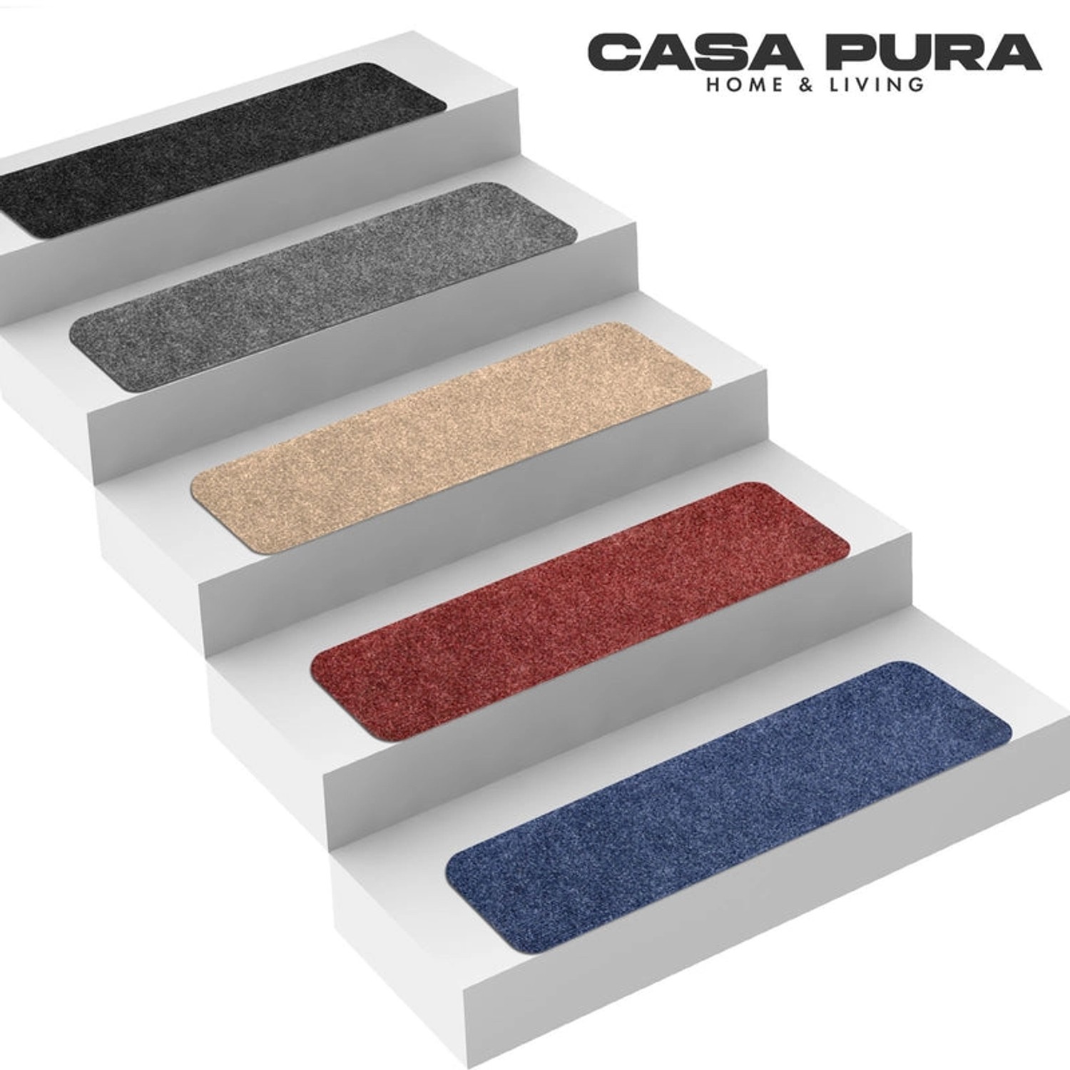 Mehrfarbige Karat Stufenmatten Leipzig auf Treppe, selbstklebend, rechteckig, ohne Lippe, 21x65 cm.