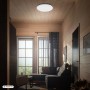 Weiße Brilo LED-Deckenleuchte mit Sternenhimmel-Effekt, Ø 48,5 cm, an Holzdecke in modernem Wohnzimmer.
