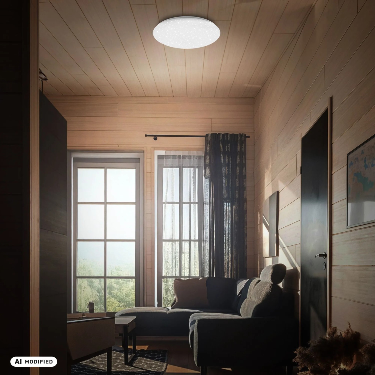 Weiße Brilo LED-Deckenleuchte mit Sternenhimmel-Effekt, Ø 48,5 cm, an Holzdecke in modernem Wohnzimmer.