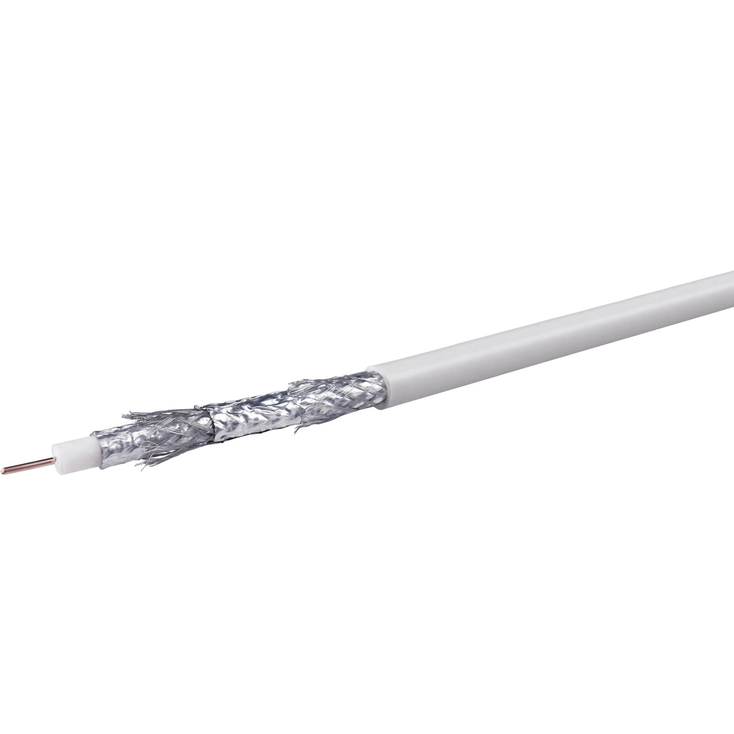 Schwaiger Koaxialkabel, 115 dB, 50 m, mit geöffneter Ummantelung zur Ansicht der Abschirmung.