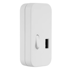 Weißer REV Ritter Schnur-Zwischenschalter mit USB-Anschluss für Verlängerungskabel.