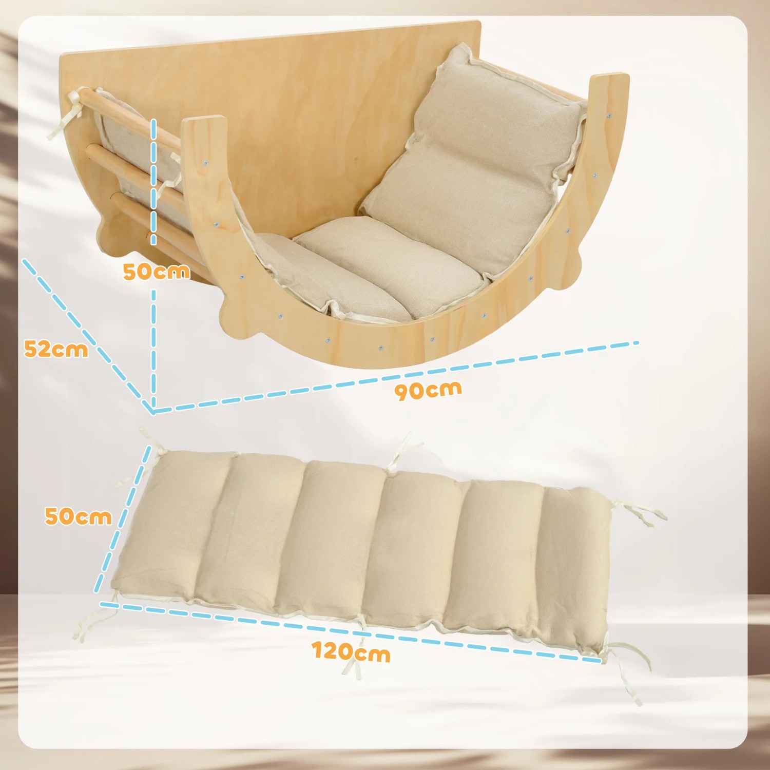 AIYAPLAY 3-in-1 Klettergerüst mit Kissen und Tischplatte für Kinder, aus Holz.