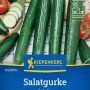 Kiepenkerl Salatgurke Saladin Samen, dunkelgrüne, geriefte Gurken und Scheiben auf Holzbrett.