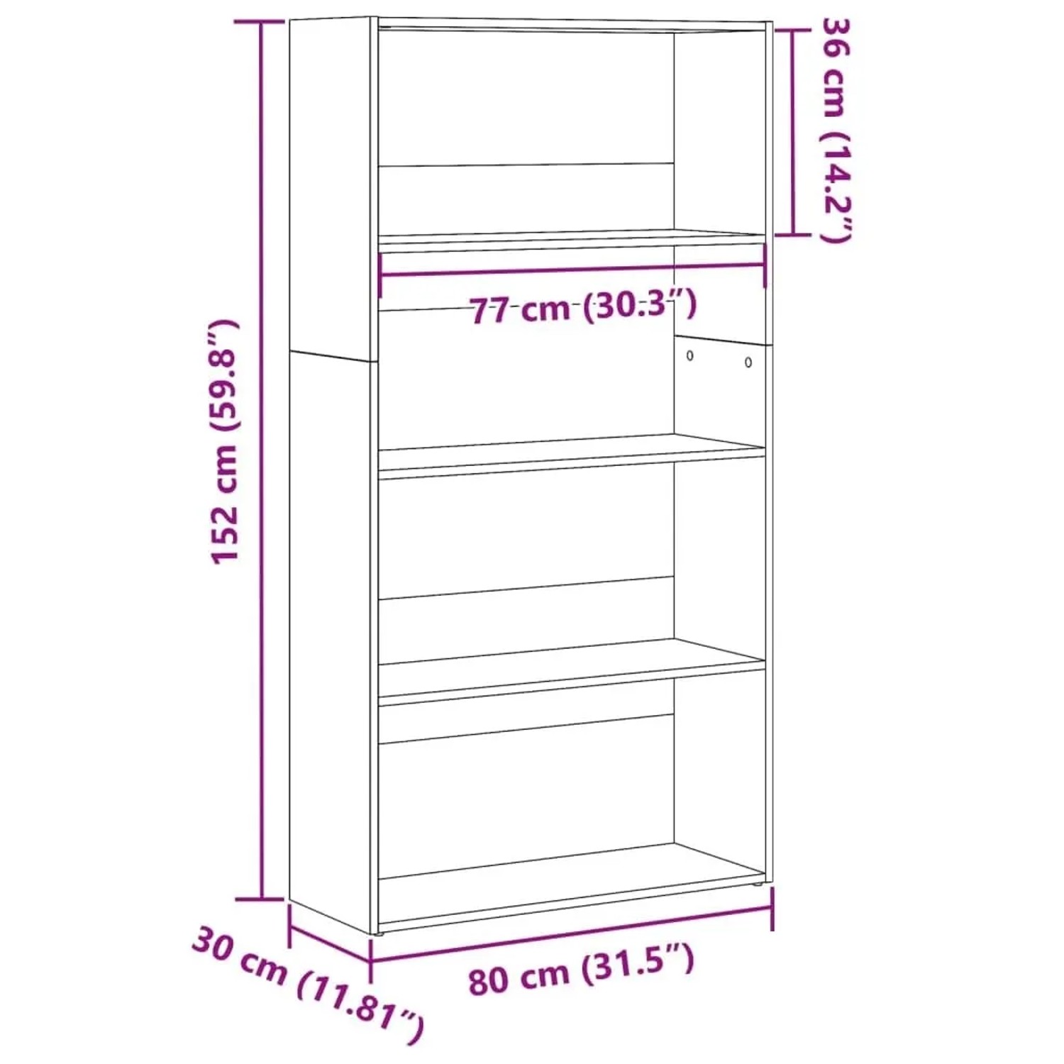 Weißes Bücherregal aus Holzwerkstoff, 80x30x152 cm, mit 5 offenen Fächern für Bücher und Deko.