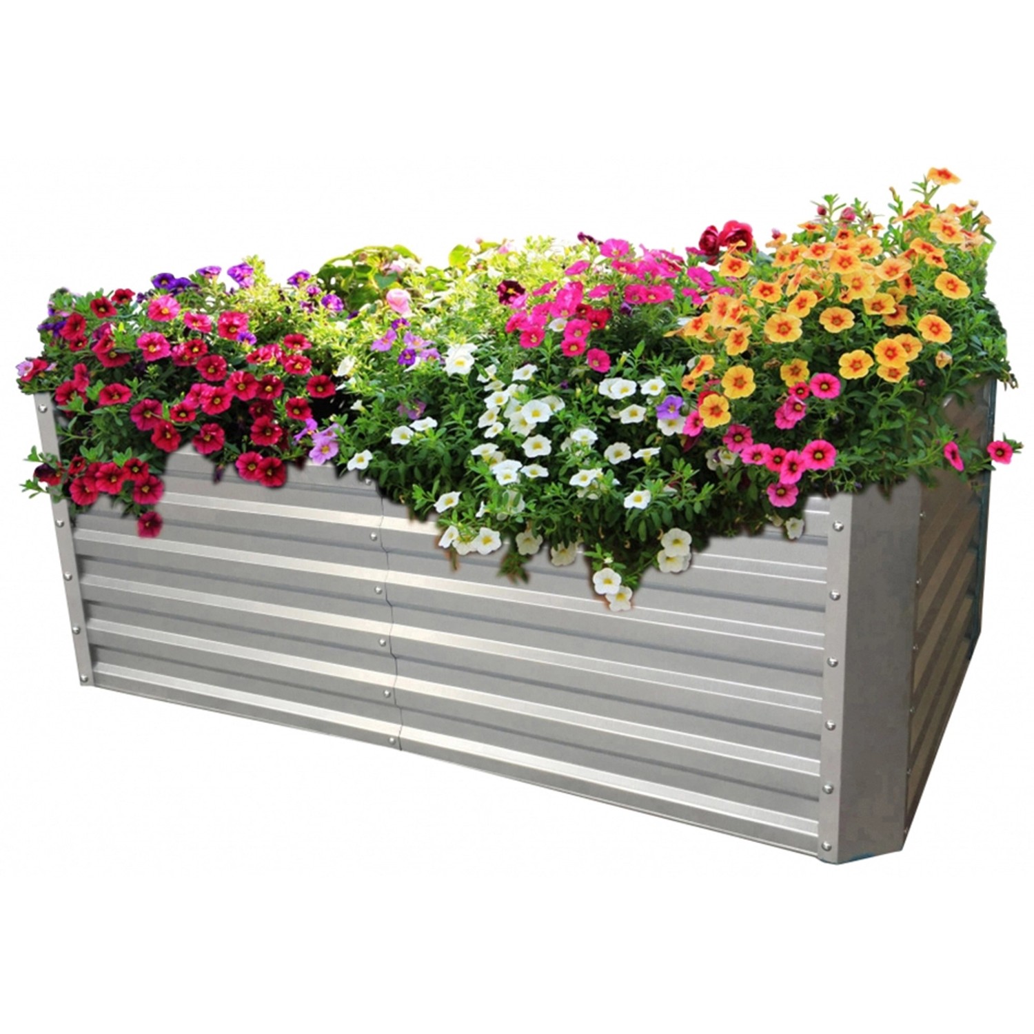 Gabiona Hochbeet aus verzinktem Blech (184x60x90cm) bepflanzt mit bunten Blumen.