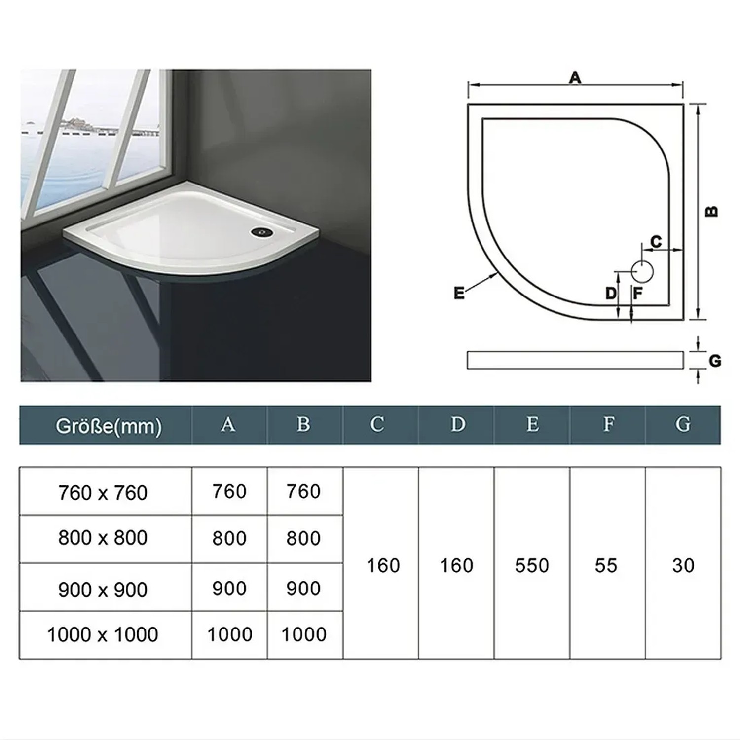 AICA Viertelkreis Duschtasse 90x90cm aus Kunststein mit Ablaufgarnitur und Acrylbeschichtung.