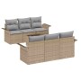 Beiges 7-teiliges Garten-Sofa-Set aus Poly Rattan von vidaXL mit Tisch und grauen Kissen.