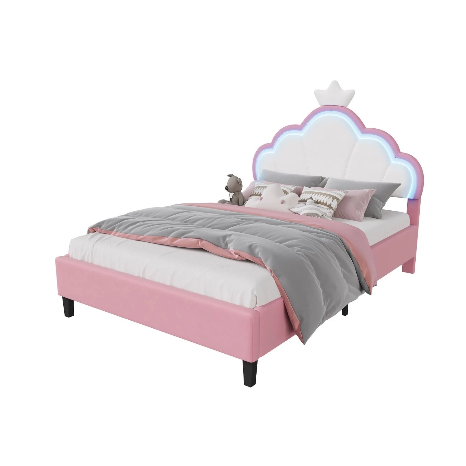 PXloue Kinderbett LED-Polsterbett mit Verstellbarem Kronen-Kopfteil 140x190 cm Rosa Samt