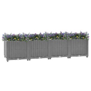 Hellgraues vidaXL Hochbeet (160x40x38 cm) in Rattan-Optik, bepflanzt mit Blumen.
