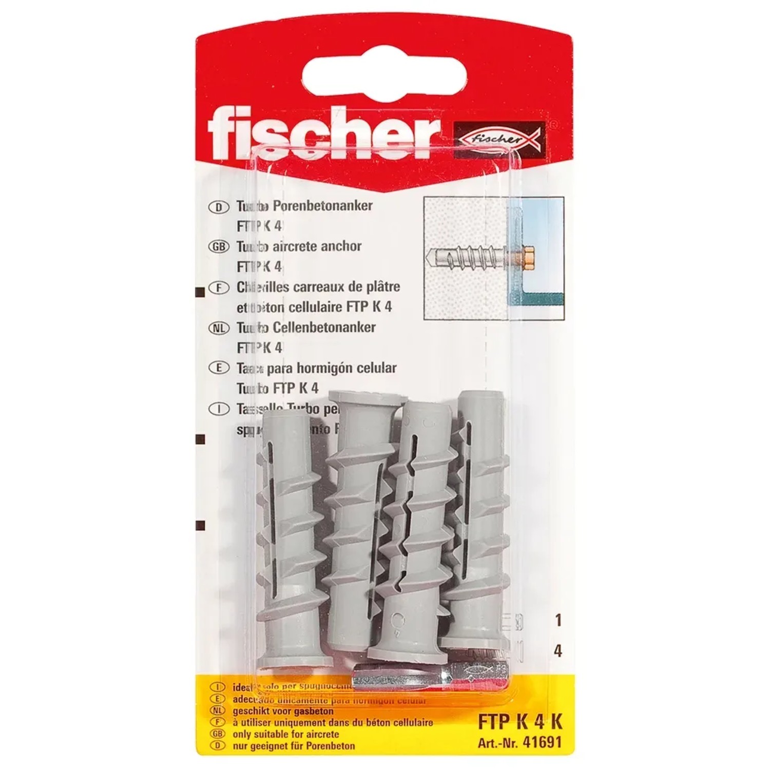 Fischer Turbo Porenbetondübel FTP K 4 K (4 Stk.) für sicheren Halt in Porenbeton.