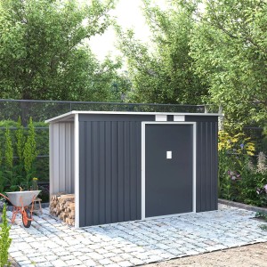 Juskys Holzunterstand links für Metall Geräteschuppen M, dunkelgrau, mit Brennholz
