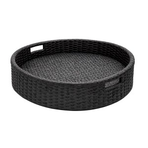 Schwarzes rundes Schwimmtablett in Rattan-Optik mit Griffen, 80 cm, für Pool und Jacuzzi.