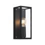 Schwarze Eglo Wandleuchte Amezola im Laternen-Design mit klarem Glas für Bad und Außenbereich.