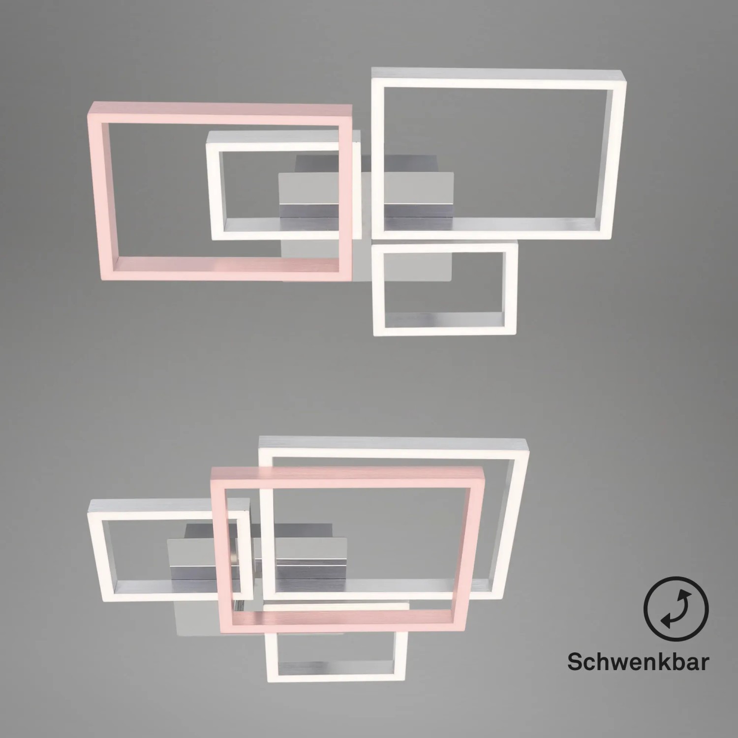Dimmbare LED-Deckenleuchte Frame in Silber mit rosa und weißen Rahmen, 75x47cm.