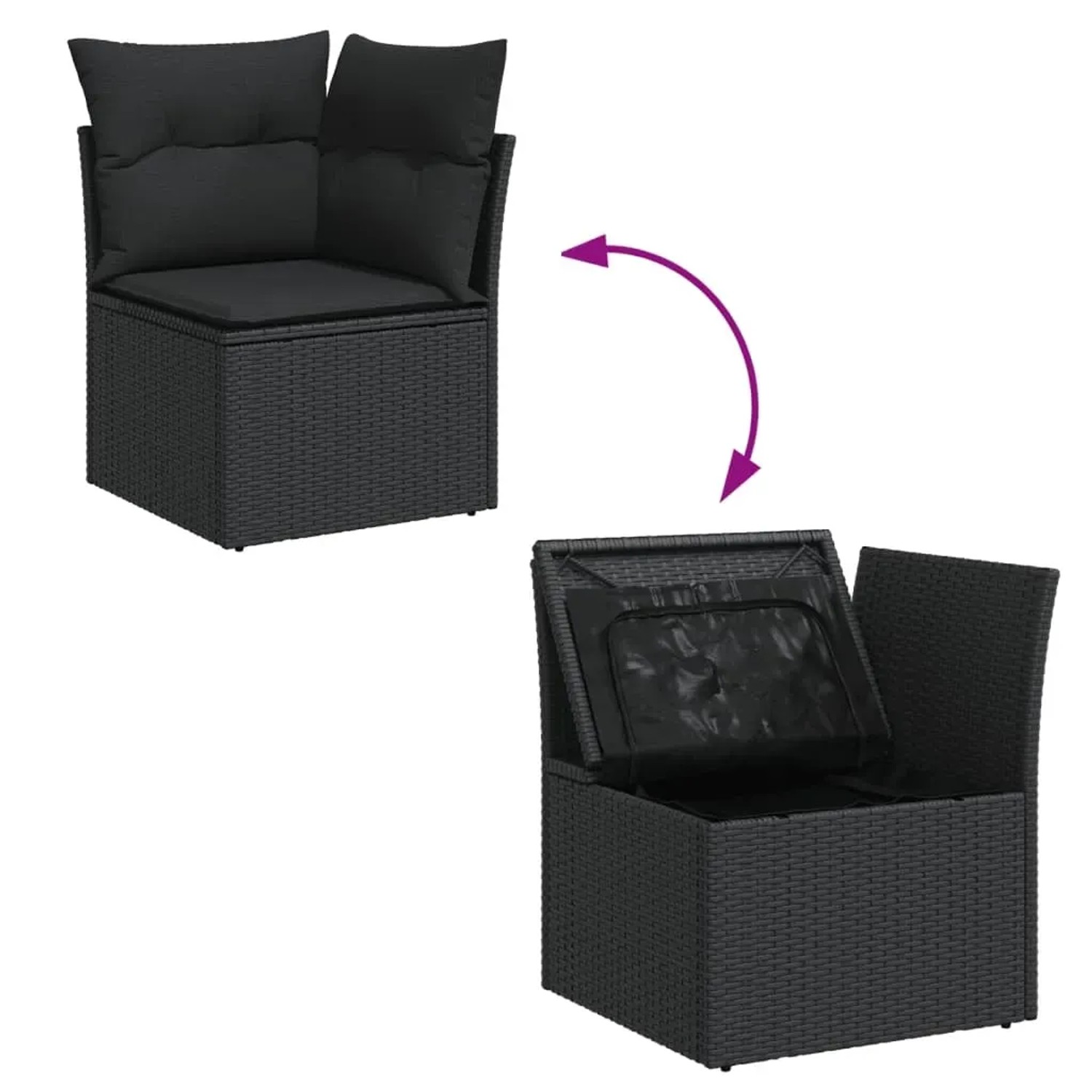 vidaXL Garten-Sofagarnitur, 8-teilig, schwarz, Poly Rattan, mit Stauraum unter der Sitzfläche.