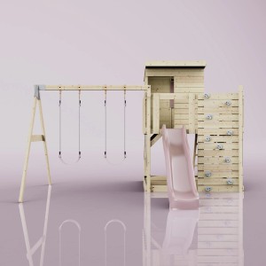 PolarPlay Spielturm Björn mit Schaukel, Rutsche und Kletterwand in Altrosa.