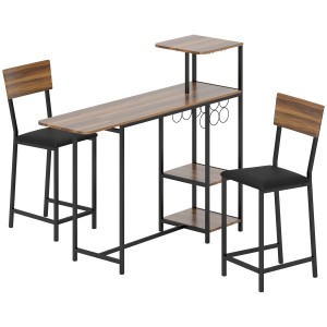 HOMCOM Bartisch-Set mit 2 Barhockern, braune Tischplatte, schwarzes Gestell, mit Weinregal und Ablagen.