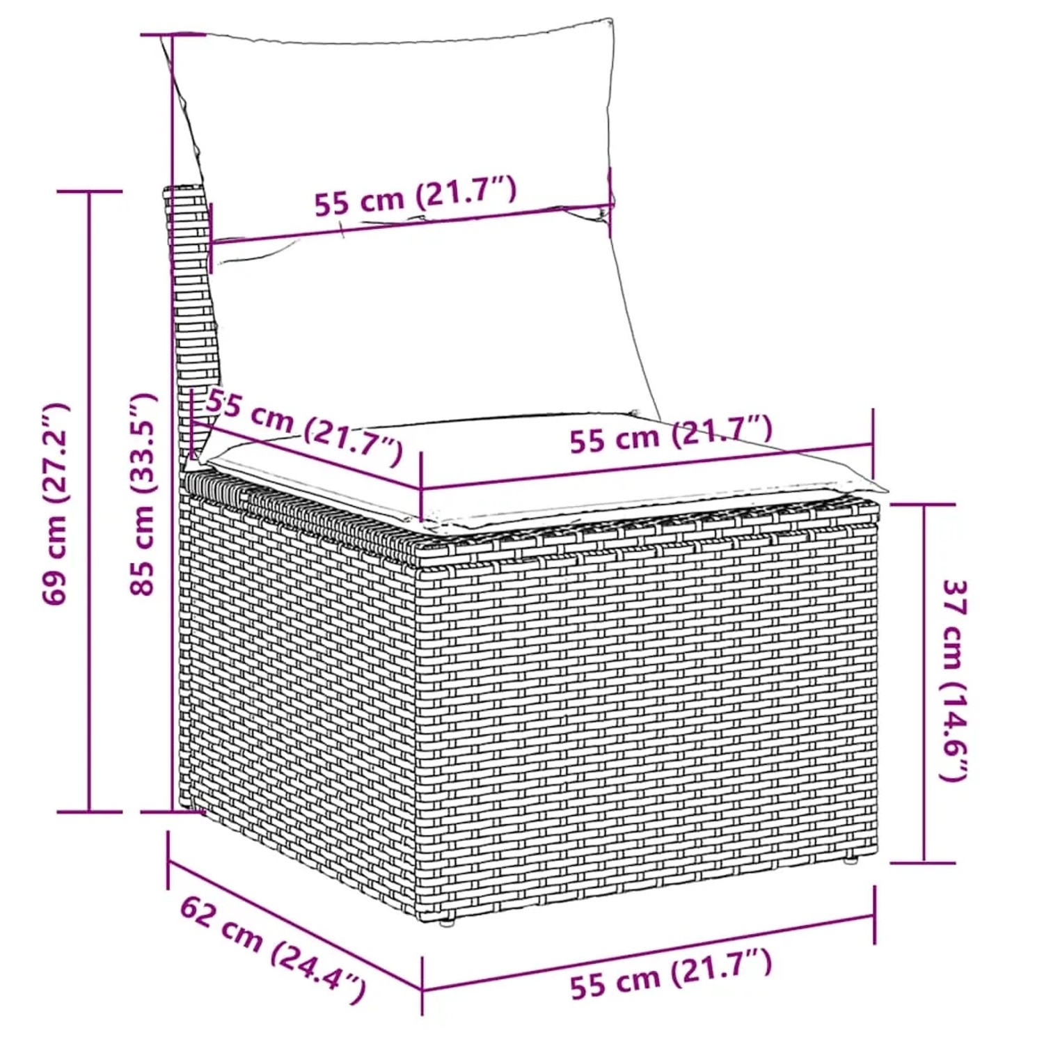 Skizze eines schwarzen Rattan Gartensofas mit Kissen und Maßangaben. Teil der vidaXL 4-Tlg Gartenmöbel-Garnitur.