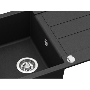 Schwarze Helika Einbauspüle aus Granitverbundstoff, 78x50 cm, Detailansicht.