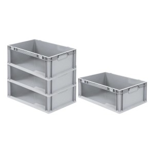 PROREGAL SuperSparSet: 4 graue Euroboxen NextGen Store, 44 Liter, Seite offen, gestapelt und einzeln.