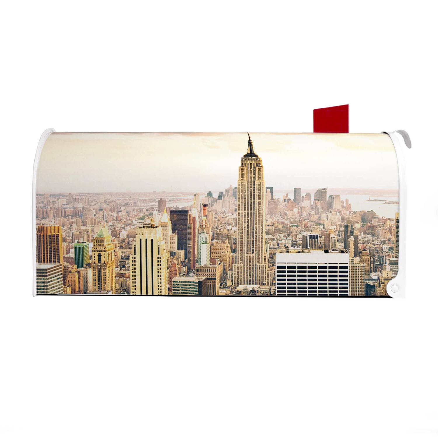 Weißer US Briefkasten mit New York Skyline Motiv, Stahl pulverbeschichtet.