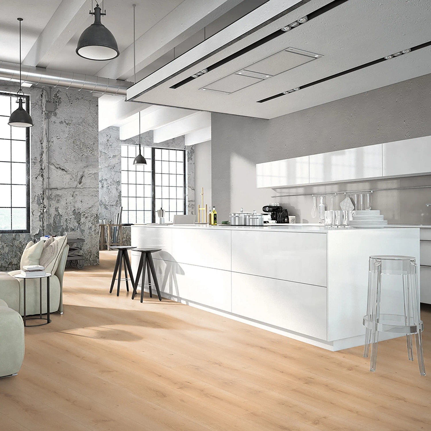 Classen Laminat Oak Creme Natural, 8mm wasserfest, im modernen Küchenambiente.