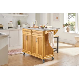 SoBuy Kücheninsel Küchenwagen aus Bambus mit Edelstahlplatte, 115cm breit.