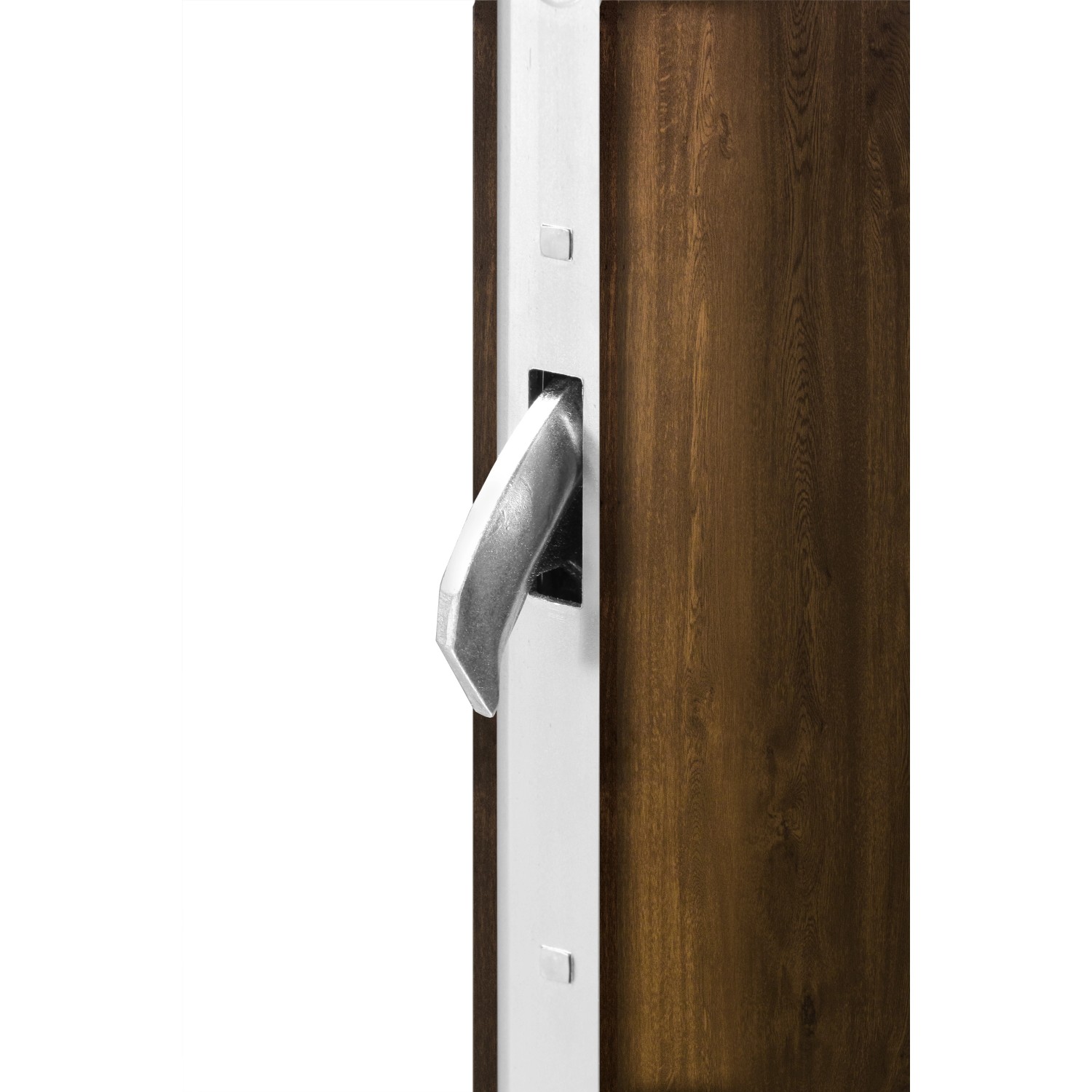 Detailaufnahme: Splendoor Wohnungseingangstür BARI ACOUSTIC RC2 Links Nussbaum mit Drücker.