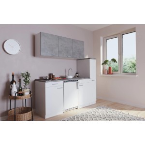 Respekta Singleküche KB180WWBCG, 180 cm, Weiß und Beton Optik mit Glaskeramikkochfeld und Kühlschrank.