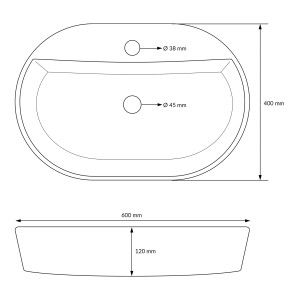 Skizze: ML-Design Waschbecken, Keramik, weiß, 60x40 cm, oval, mit Ablaufgarnitur, Maße