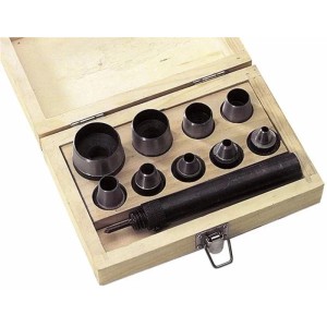 Westfalia Locheisensatz, 10-teilig, in Holzbox. Edelstahl Locheinsätze und Halter für präzise Löcher.