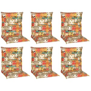 6er Set Beo Sitzauflagen für Niedriglehner Gartenstühle mit farbenfrohem Hausdesign.