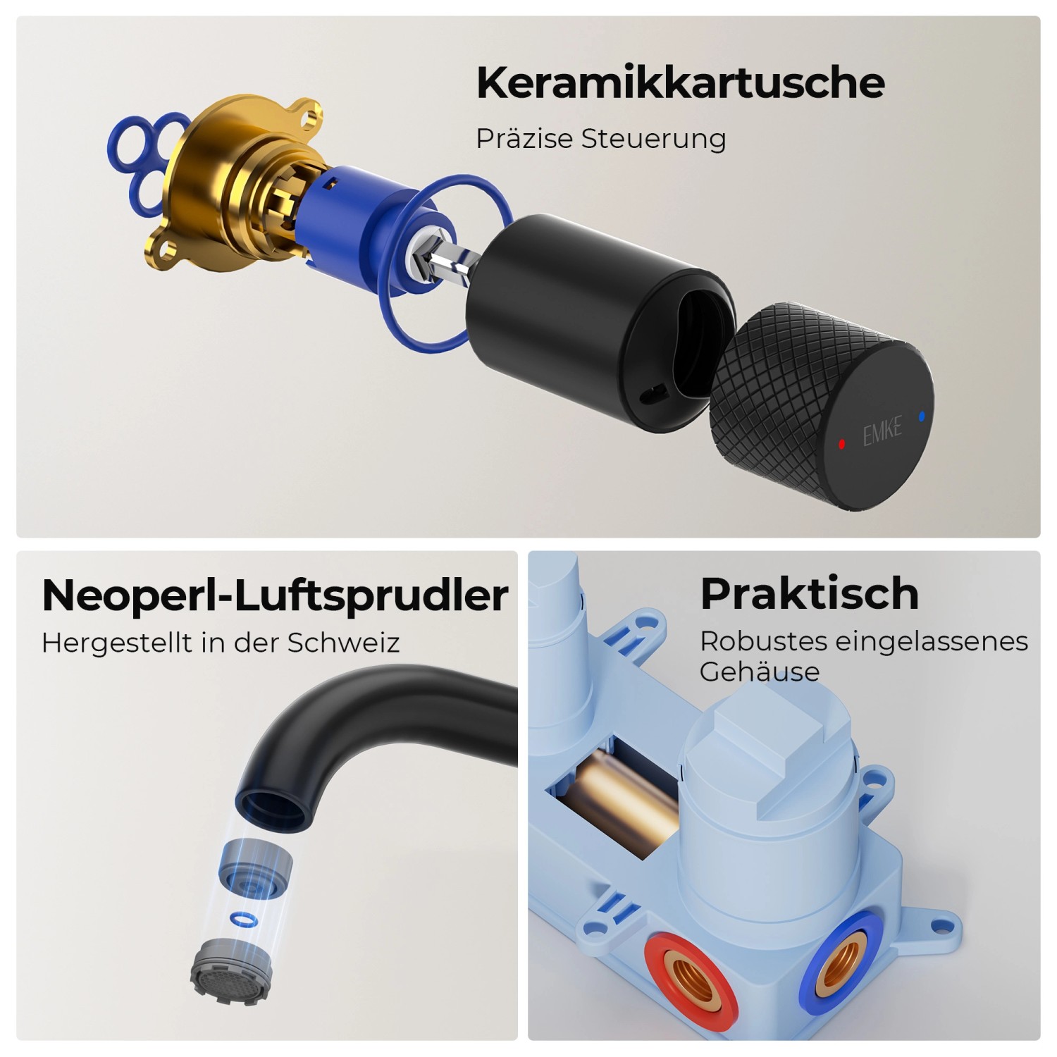 Emke Waschtischarmatur Unterputz für Wandmontage Schwarz Matt Wasserhahn Badarmatur_5